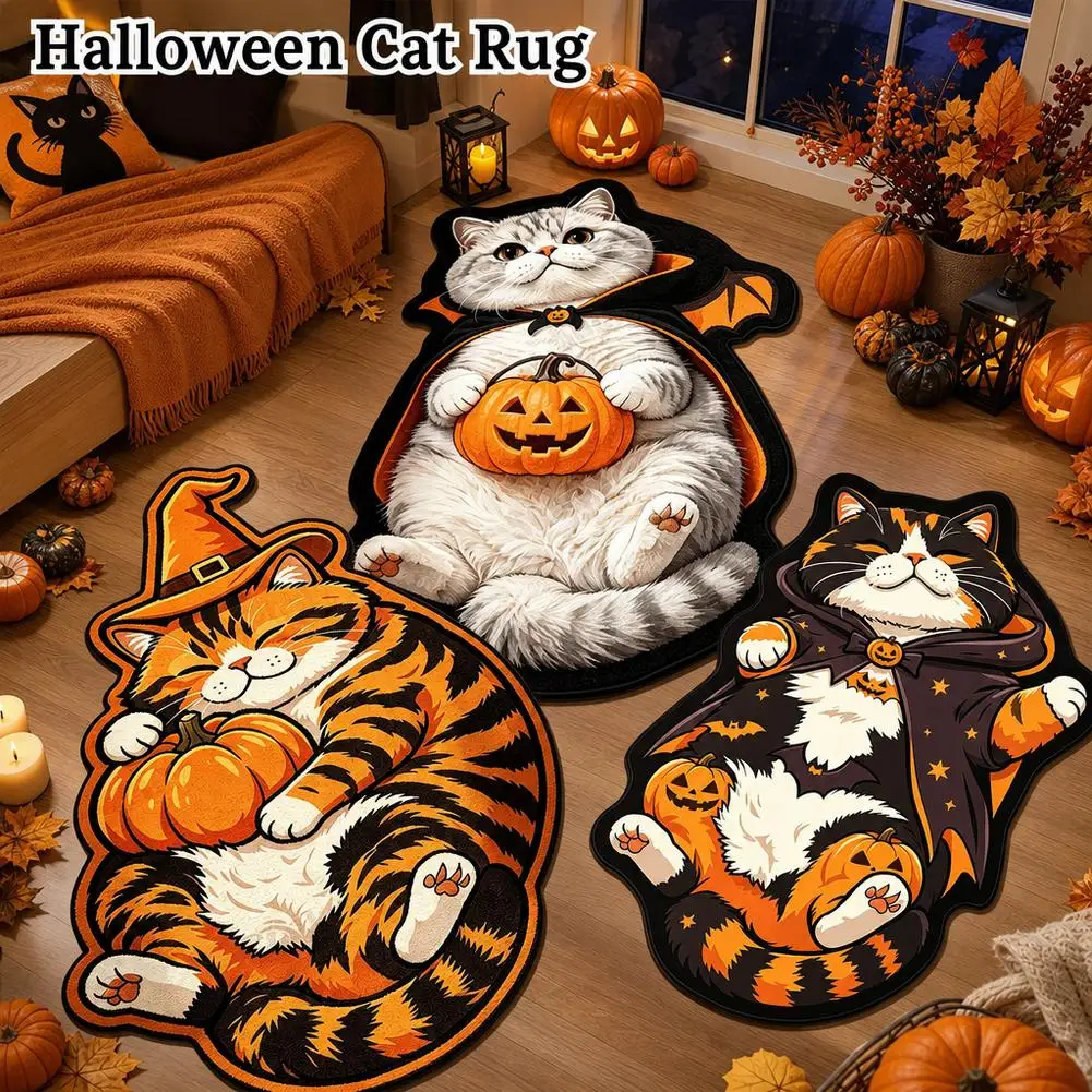 Halloween Cat Floor Rug Ultra Soft Faux Cashmere Plush Mat Anti Slip Dotted Back Reinforced Edge Machine Washable 50x80cm