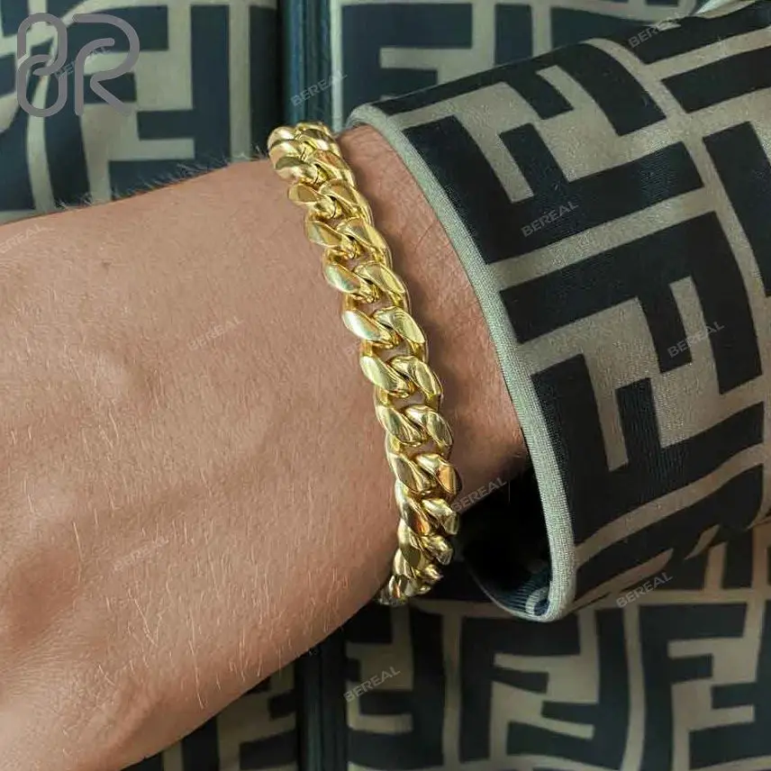 Hip Hop Style 8MM Gold Miami Chain Bracelet Shine Brightly 10K 14K 18K Solid Gold Cuban Link Chain for Men Women，