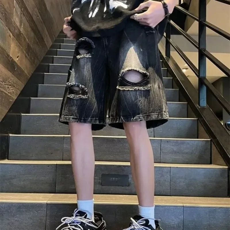 

With Pockets Straight Bermuda Short Jeans Pants for Men Man Denim Shorts Ripped Loose Long Wide Half Baggy Y2k Fashion Thin Emo