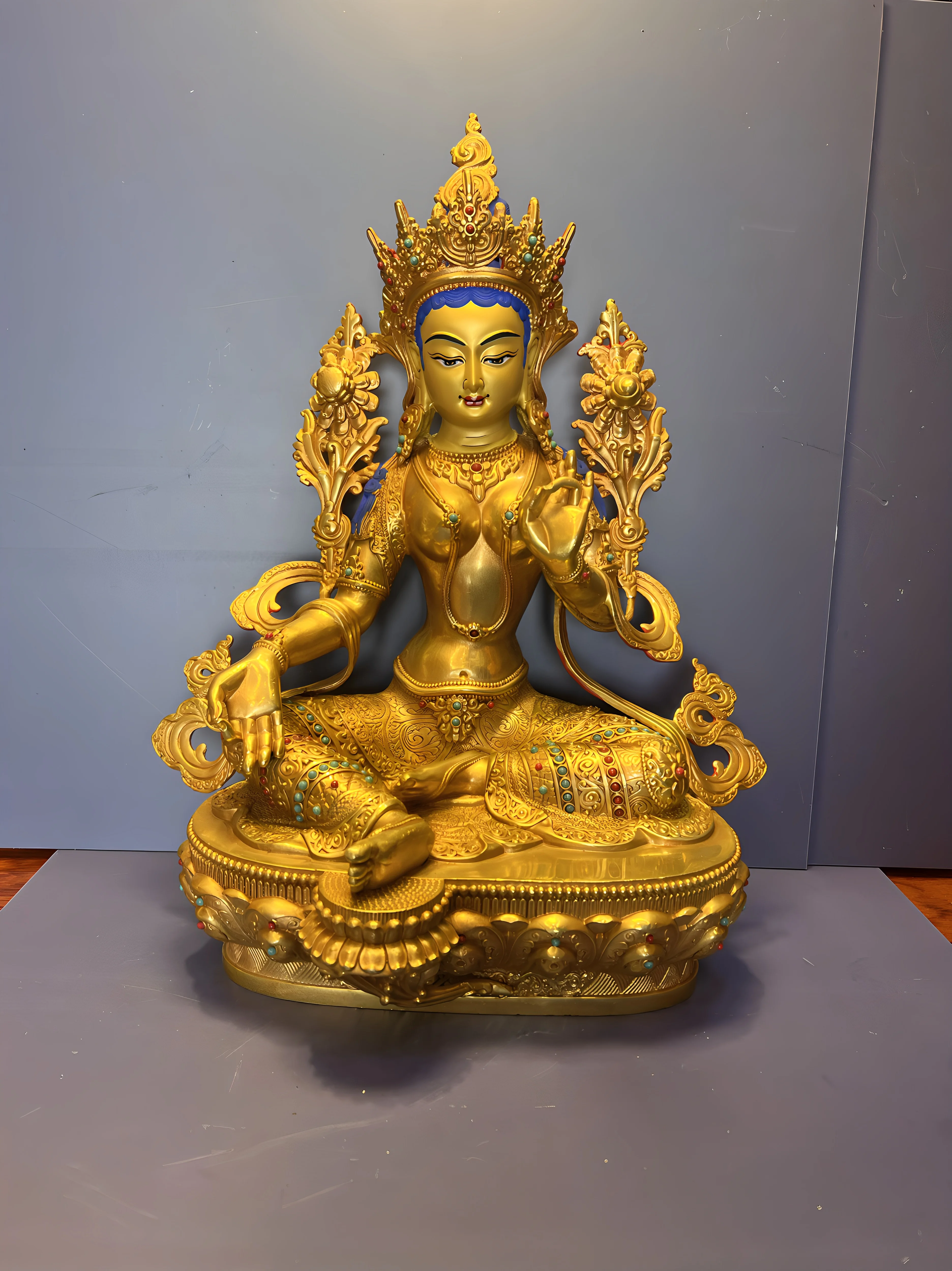 Pure copper full gilt Xizang craftsmanship Tibetan Tantra pure copper gilt green Tara Buddha ornament height 33 cm