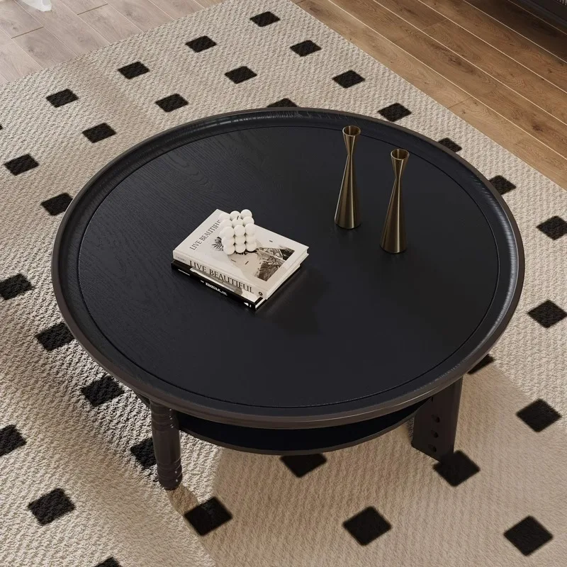 olid wood coffee table, round American tea table, small black table, small apartment, living room coffee table 2024 new