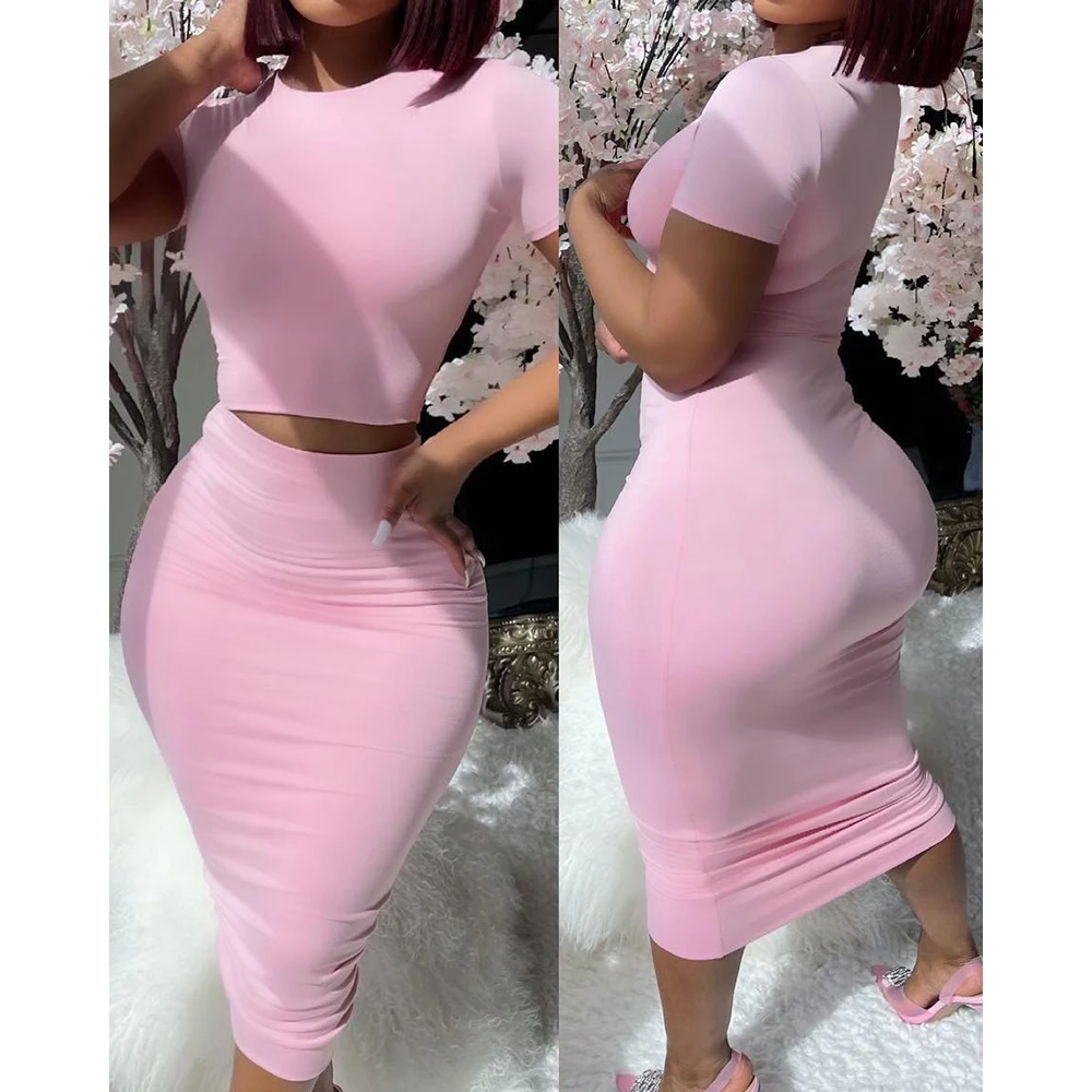 

Women Solid Short Sleeve Crop Casual Top & High Waist Long Skirt Sets Female Summer 2 Pieces Suit T-Shirts Maxi Dress Sets