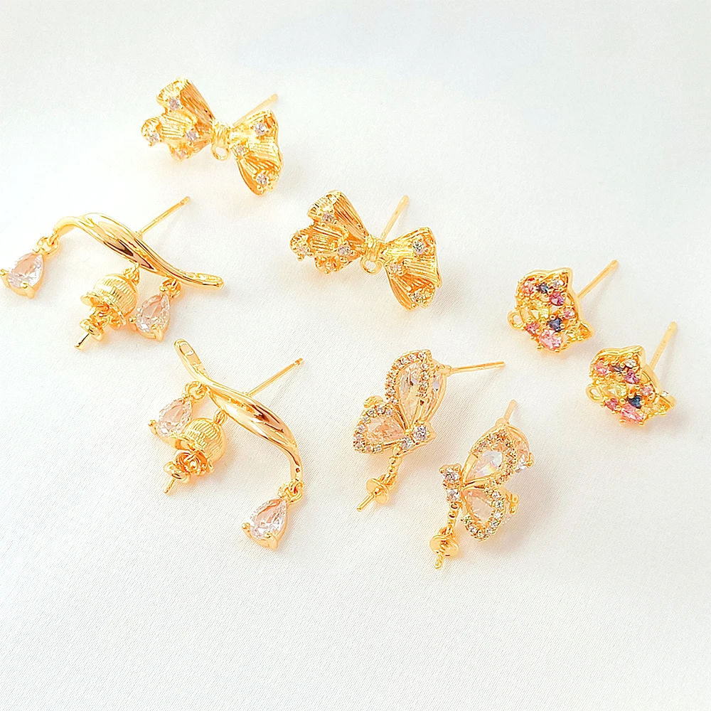 1 Pair Brass Coated Gold Zircon Inlaid Water Droplet Bow Earrings DIY Jewelry Making Semi-finished Product Accessory Materials