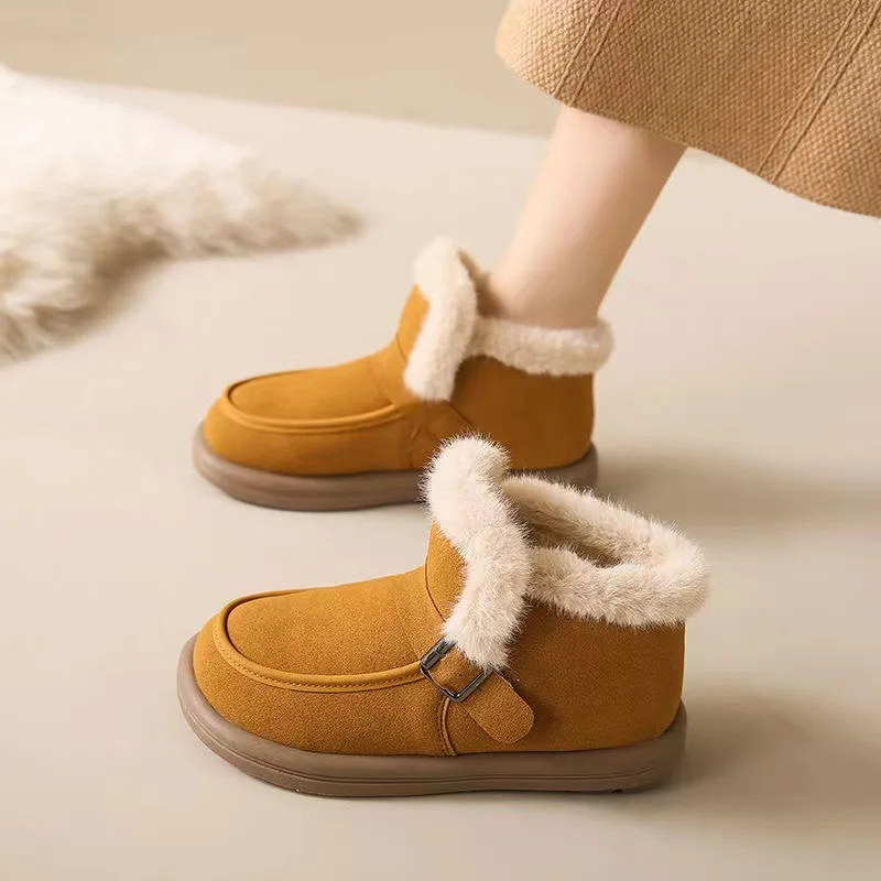 

Soft Thick Bottom Furry Suede Snow Boots Women 2025 Winter Fluffy Fur Slip On Warm Plush Ankle Boots Metal Buckle Cotton Shoes