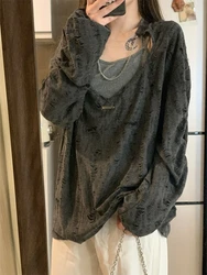 Punk Gothic Y2k T Shirts Oversized Long Sleeve Hole Design Chain Tops Harajuku Vintage Casual Loose Autumn Tanks Two Piece Set