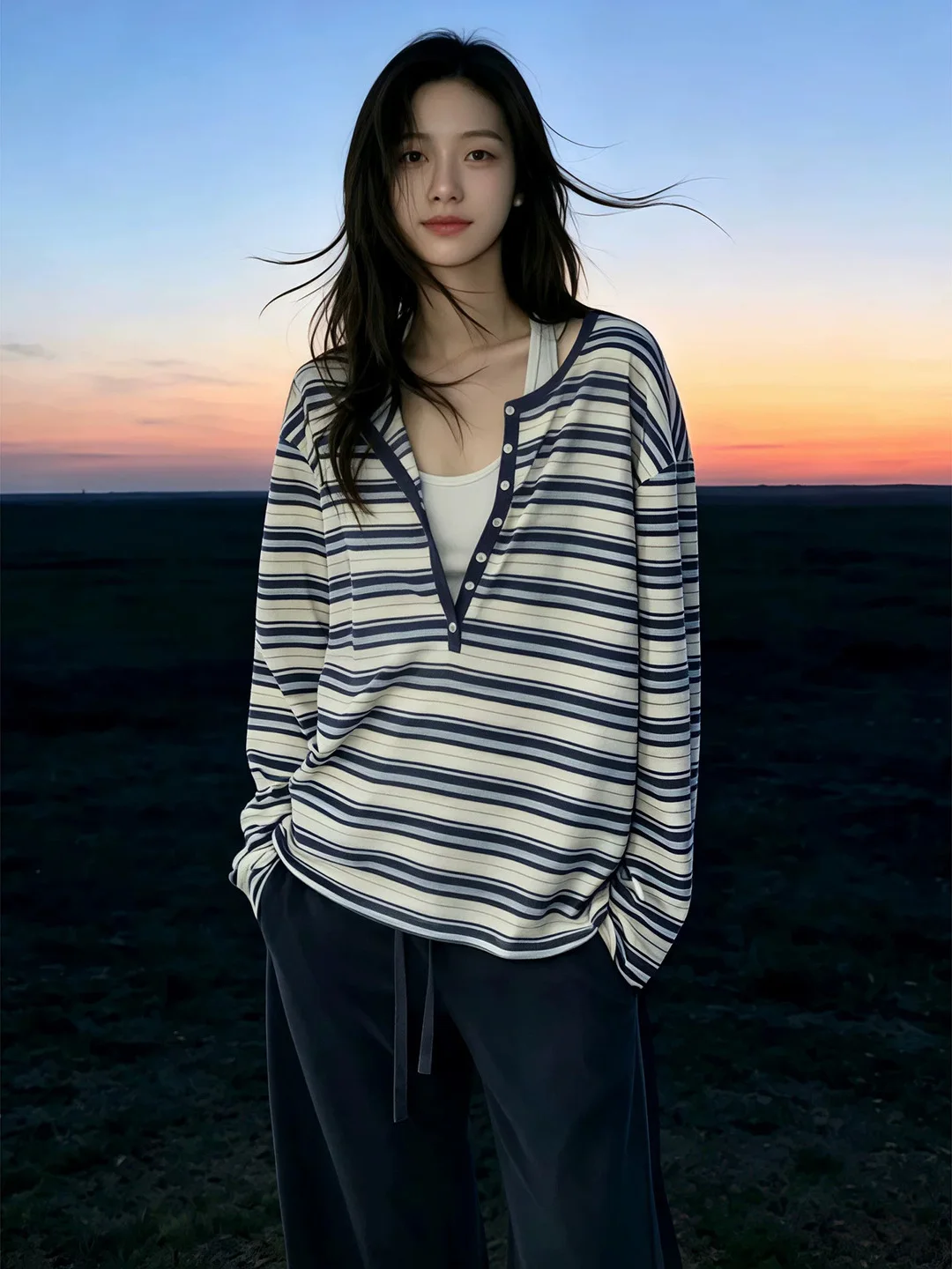 Loose Fit Korean Style Long Sleeve T-Shirt Women's Autumn Casual Stripe Pattern Button up Top Comfortable Breathable Sweat Ab...