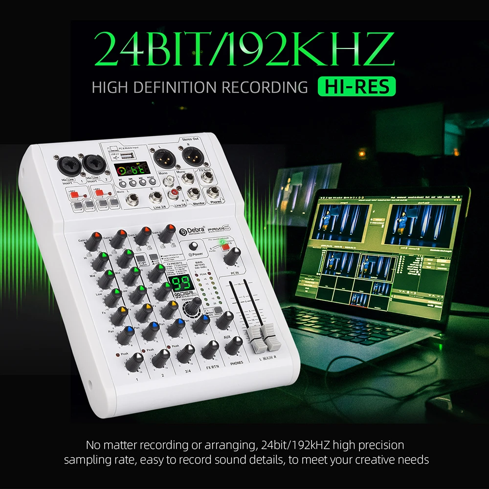 PRMX-6 Professional Audio Mixer, DJ mixer with Bluetooth 5.0, 48V phantom power, 24BIT/192KHZ, for webcasting, band performance