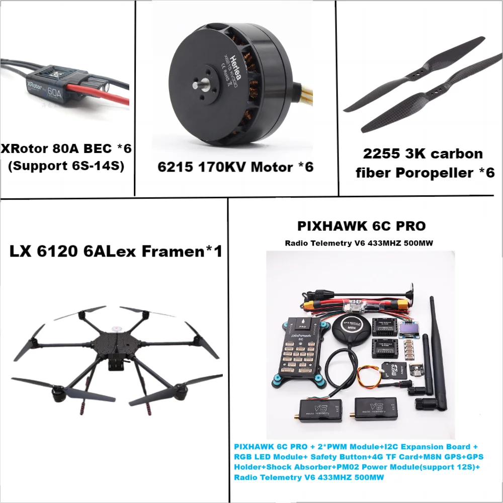 LX6120 Pixhawk 6C PRO M8N M9N M10 Full Carbon Fiber 1200mm Hexa-Rotor Frame X-Roter 80A ESC PX4 Flight Control Set 6215 Motor