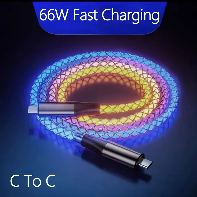 66W RGB Schnellladekabel, USB-C-auf-USB-C-Ladekabel mit LED-Beleuchtung, USB-A-auf-C-Datensynchronisationskabel für iPhone 17 16 Xiaomi Samsung