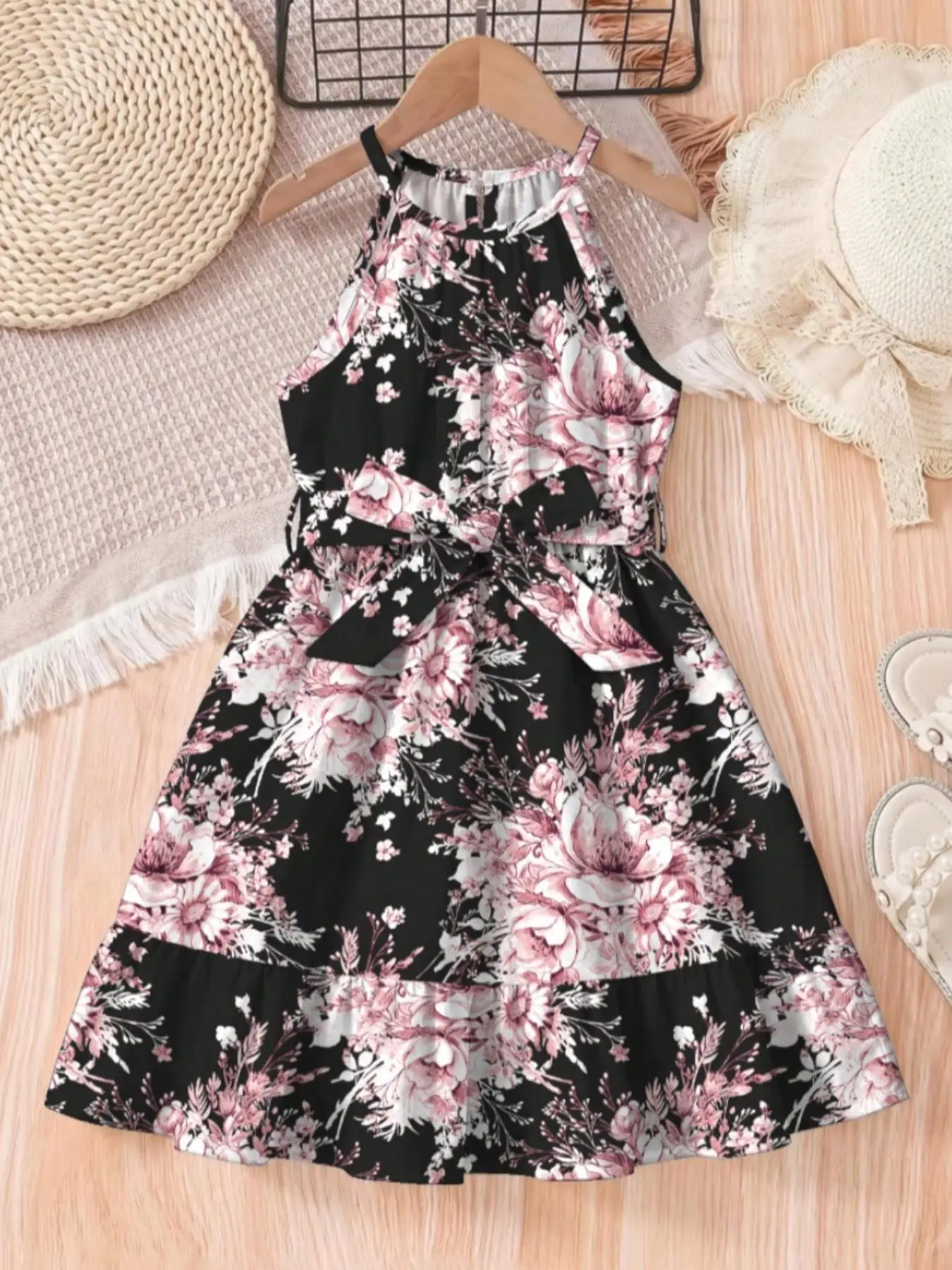 Girls Summer Floral Print Strapless Sleeveless Dress Ruffled Hem Adjustable Waistband Medium-Length Casual Beachwear Non-Elastic