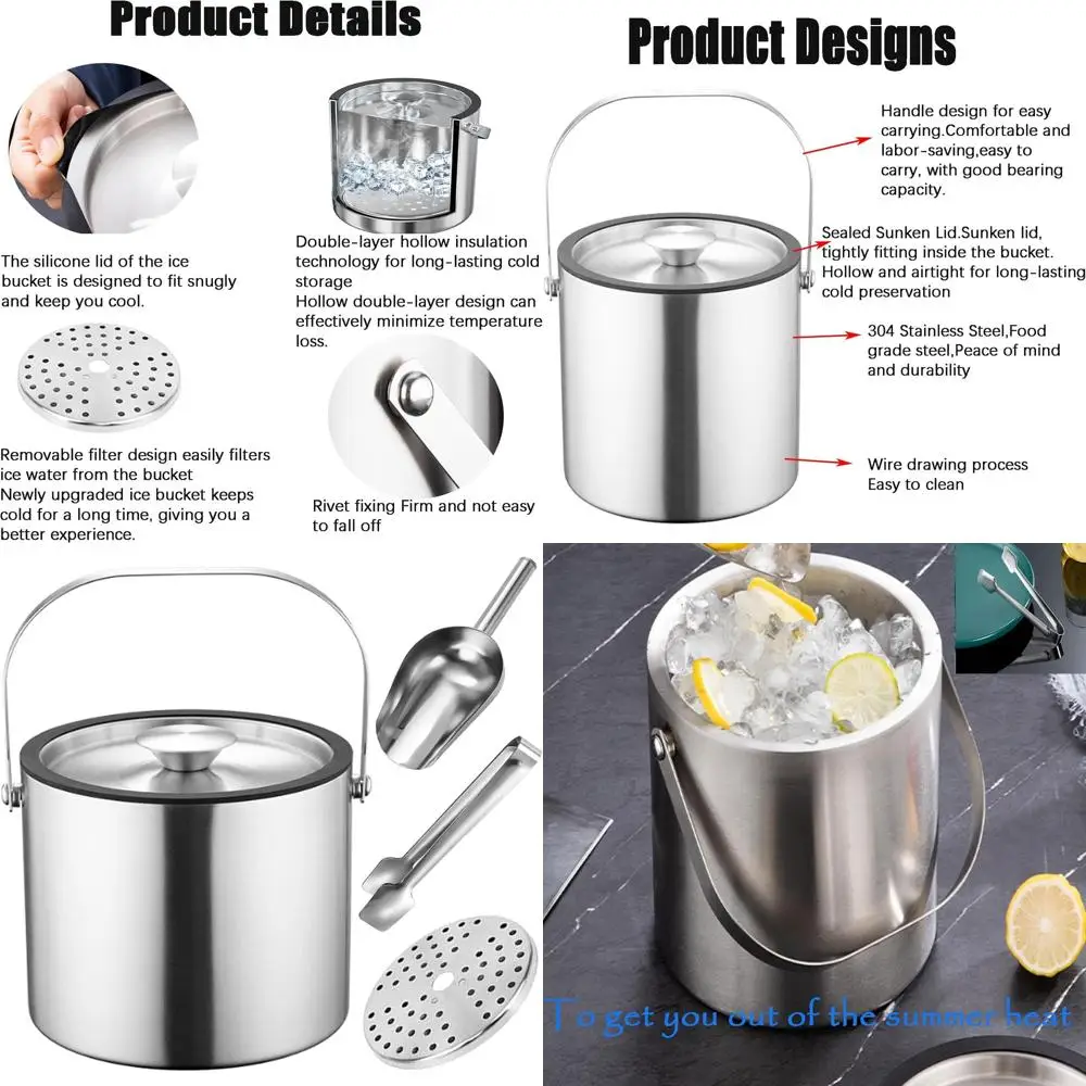 

Stainless Steel Double-Walled Ice Bucket with Lid, Ice Scoop, Tongs, Strainer, and Silicone Lid for Wine Chilling and Parties in