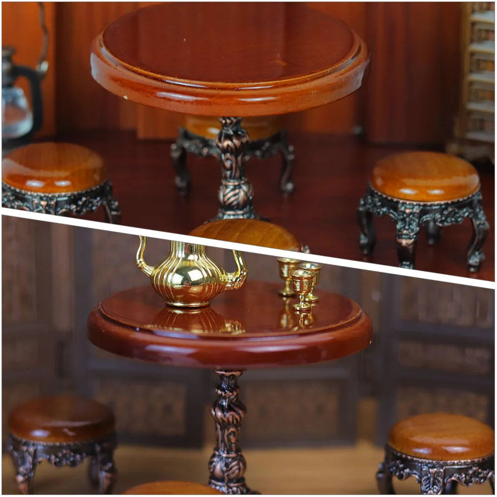 Round Miniature Table Dollhouse Furniture Vintage Home Decor Wooden Alloy Mini Side Table Miniature Accessories Realistic Tiny