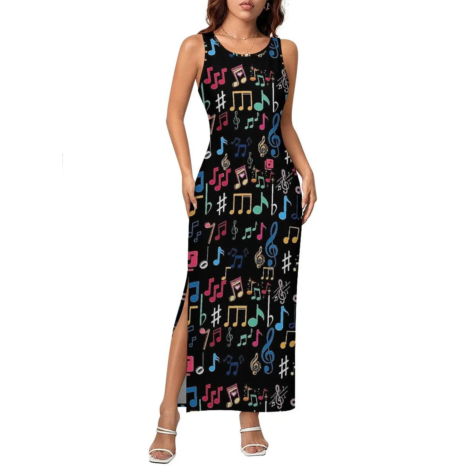 Damska Kolorowa Sukienka z Nadrukiem Nut Muzycznych, Sukienka Bodycon w Stylu Ulicznym, Wiosenna Sukienka Maxi Bez Rękawów, Urocza Sukienka Maxi z Wzorem, Oversize Vestido