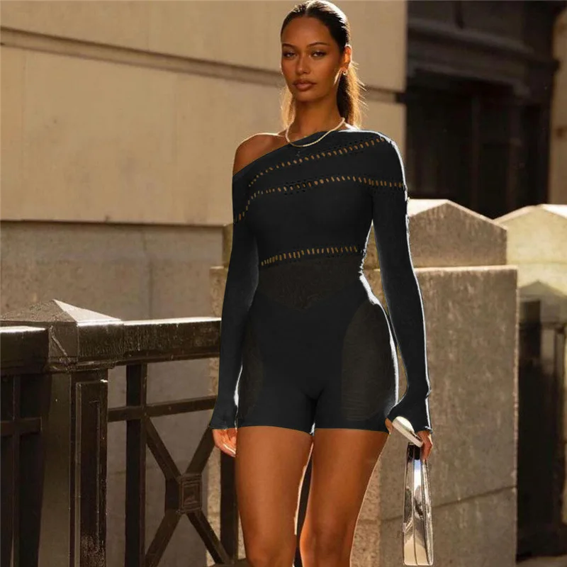 

Sexy diagonal shoulder jacquard long sleeved mesh suit, tight fitting short jumpsuit