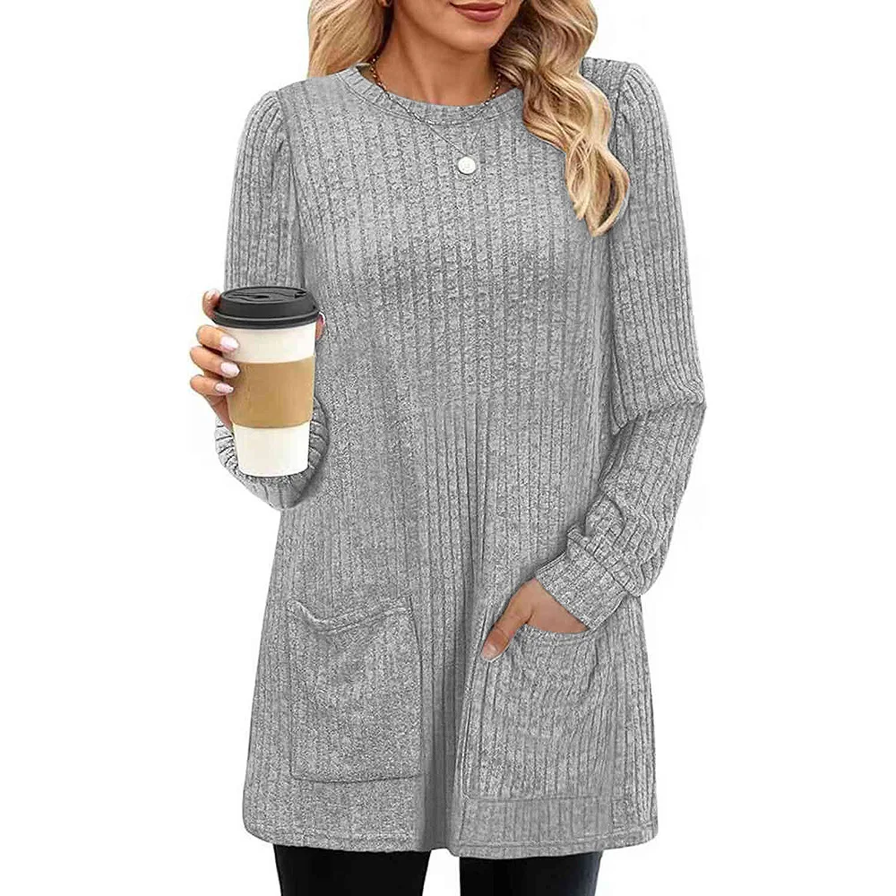 

2024 Europe and the United States Autumn and winter new mid-length sweater pit strip solid color pocket gown woman