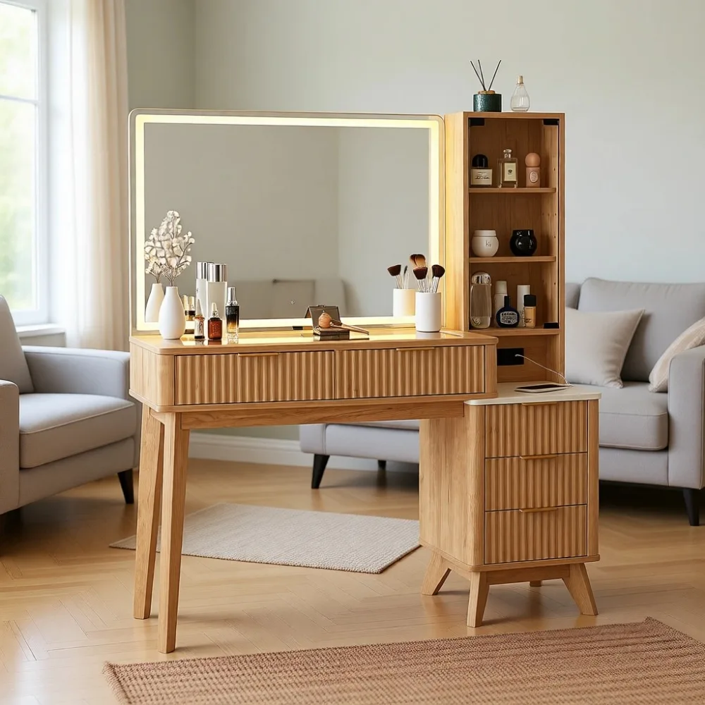 48" Fluted Vanity Desk: Oak, 36" LED Mirror, Glass Top, 5 Drawers, Adjustable Shelves, Charging Station