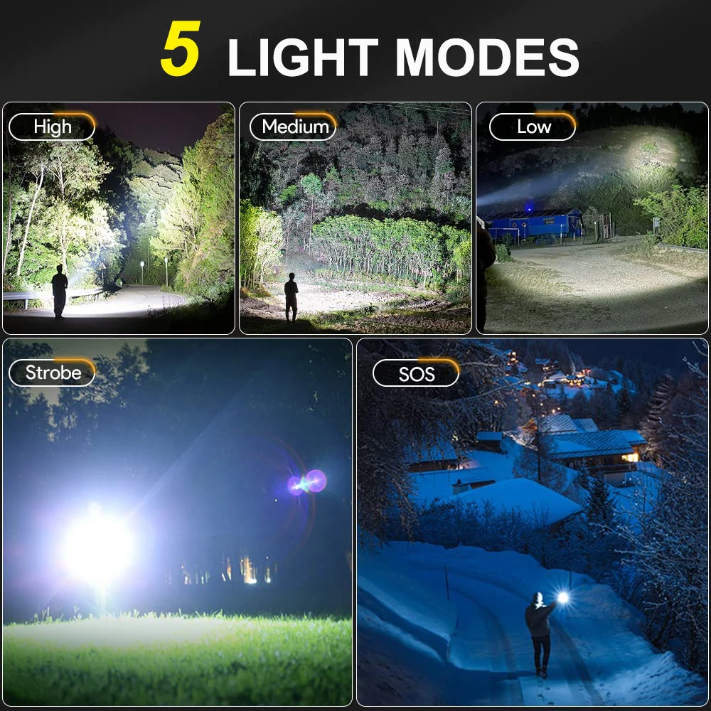 High Power Rechargeable LED Flashlight Zoom Torch Outdoor Camping Strong Lamp 5Modes Waterproof Super Bright Tactical Flashlight