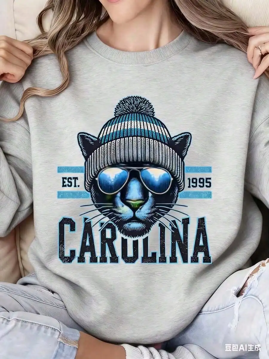 

Women's Gray Panther Print Crewneck Sweatshirt, Carolina Est. 1995 Graphic, Casual Winter Wear