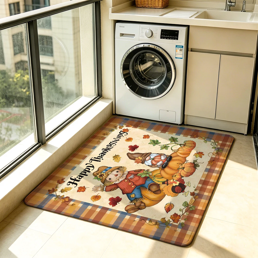 Thanksgiving Gnome Pumpkin Plaid Felt Rug Living Room Non-Slip Floor Mat for Thanksgiving Home Decor