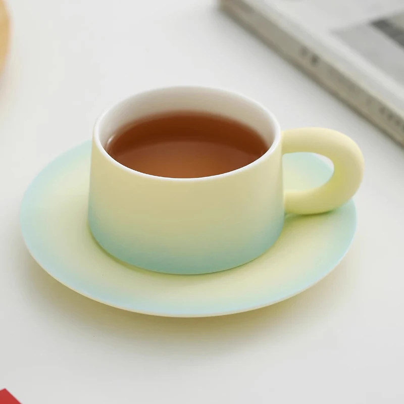 Creative Gradient Color Cute Cups, Household Office Items Porcelain Water Mug, Minimalist style Coffee Cup and Plate Combination