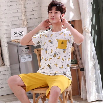 Cotton Summer Thin Men's Pajamas Set Plus Size Short Sleep Tops Pant Sleepwear Suit Male Home Suit Homewear Casual Pyjamas