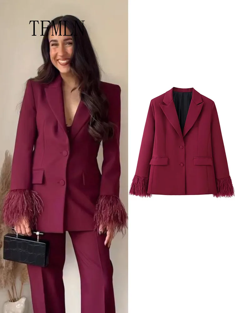 TFMLN 2025 الخريف الريش السترة الستر للنساء ريترو شيك واحدة الصدر جيوب السببية معاطف مكتب سيدة محززة أبلى #1