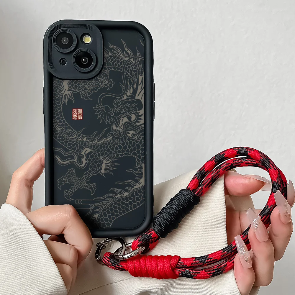 Wrist Chain Lanyard Case For Xiaomi 14 12 13 13T 11T 12T Poco X6 X5 X3 F3 F5 Pro Lite Cool Dragon Soft TPU Hang Strap Cover