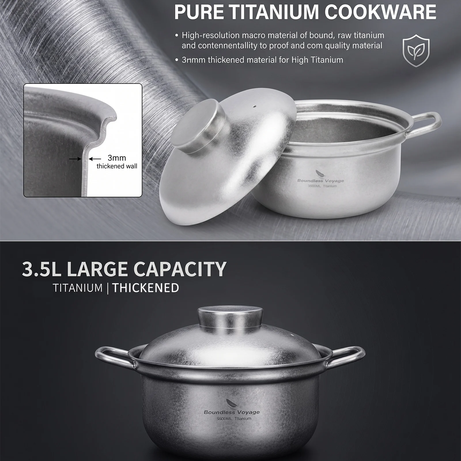 Boundless Voyage Titanium Cooking Pot with Vent Lid Thick-Wall Cookware Soup Pot for Home Kitchen Caravan Use Ti2116C- 3.5L - view 6