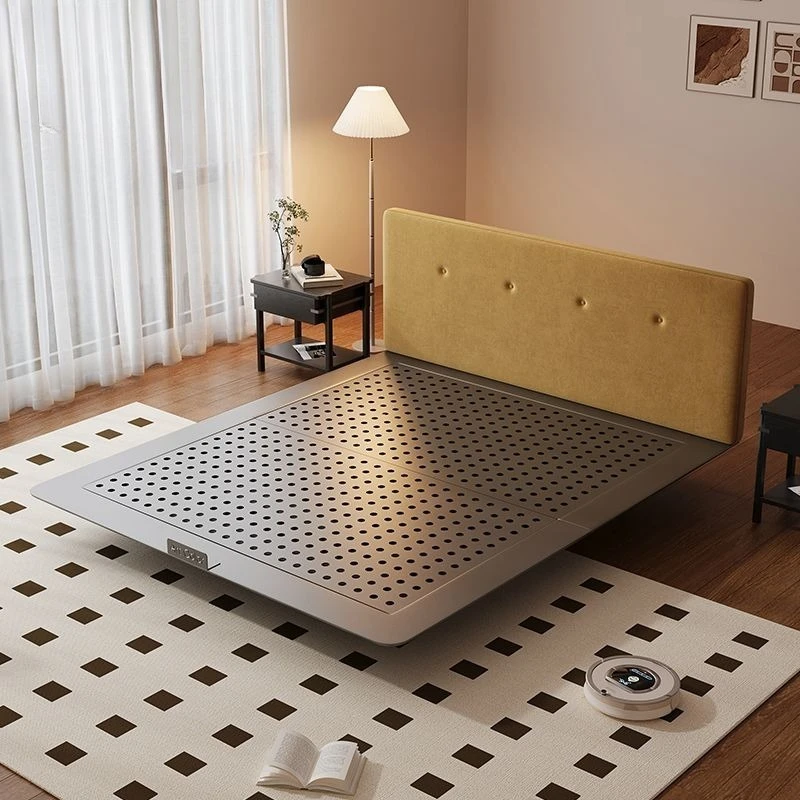 

Medieval carbon steel frame yellow cotton and linen fabric bed small apartment master bedroom 1.8 meters double