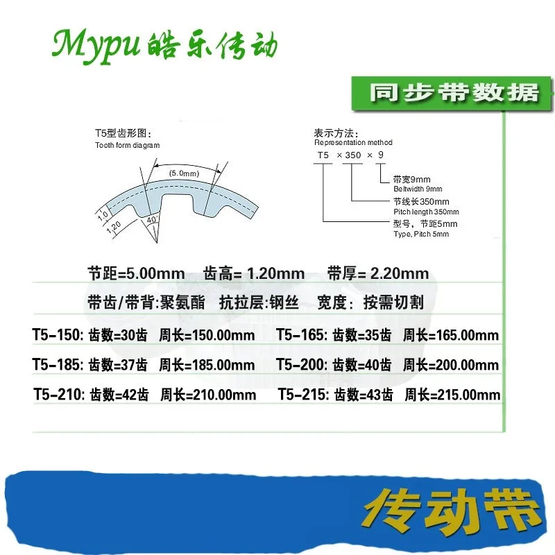 Steel wire timing belt T5-165/180/185/190/200/210/215/220/225/230/235/240/245/250/255/260/265/270