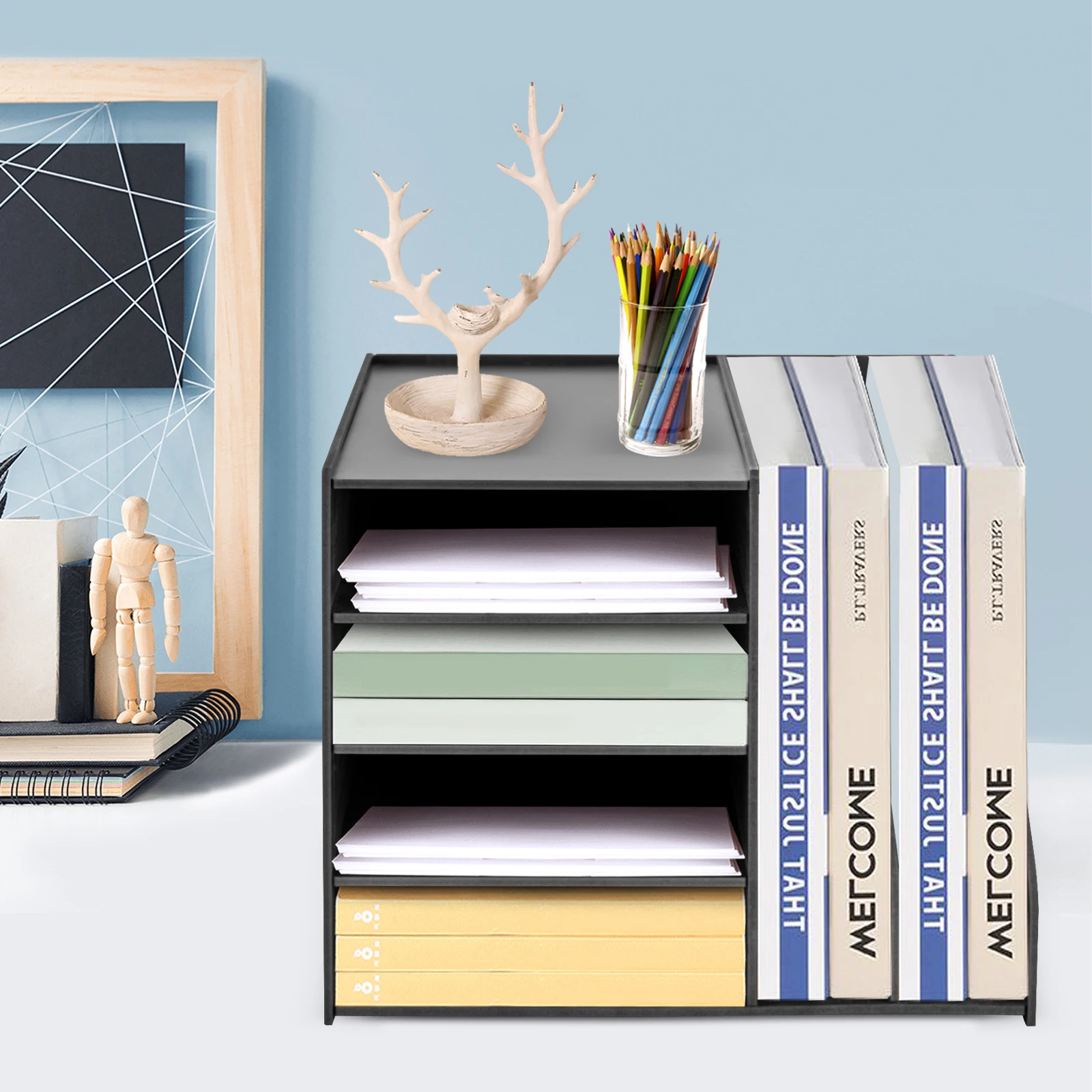 Organisateur de bureau, support de rangement, étagère à dossiers, A4, papier, trieur de documents, bricolage, fournitures de bureau, boîte de rangement pour la maison (noir)