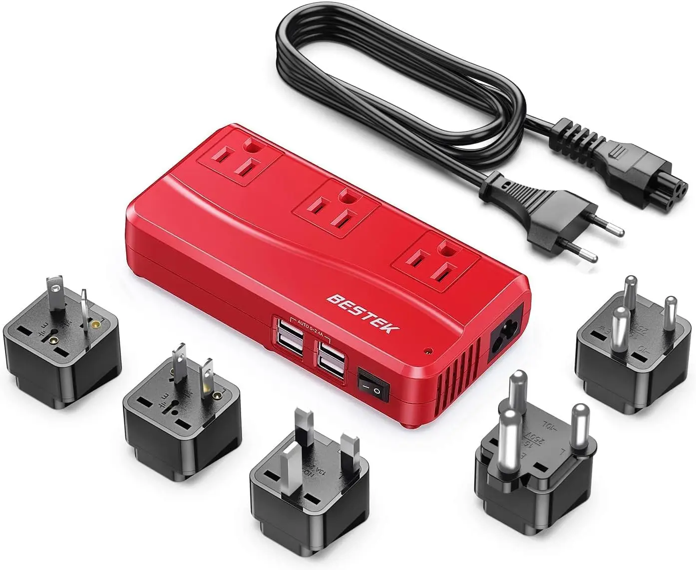 

250W 220V to 110V Step Down Travel Adapter with 4-Port USB & Multi-Plug (US/AU/EU/UK/India/South Africa) - Red