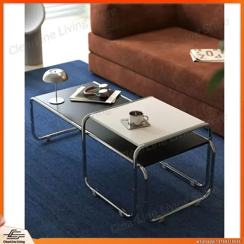 Bauhaus Style Square Side Table Wood Top Chrome Metal Frame Minimalist End Table for Living Room Bedroom Small Space Coffee