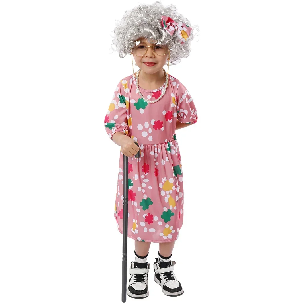 Old Timer Child Old Lady Woman Costume Cosplay Girls Grandma Granny Pink Flower Dress Wig Cane 3-12Y 100 Days Of School