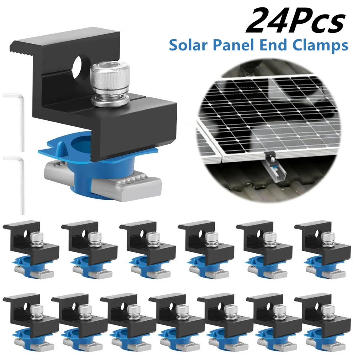 24Pcs Black Solar Panel End Clamps Adjustable 30mm 35mm Aluminum Mounting Bracket Kit with Screws and Wrenches for RV Roof Boat