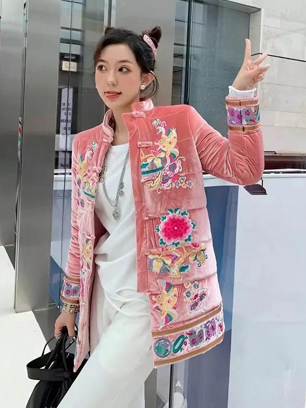 

Новая женская зимняя куртка в китайском стиле: ретро-дизайн, вышивка, золотой бархат, хлопок, средней длины, утепленная, в стиле Тан