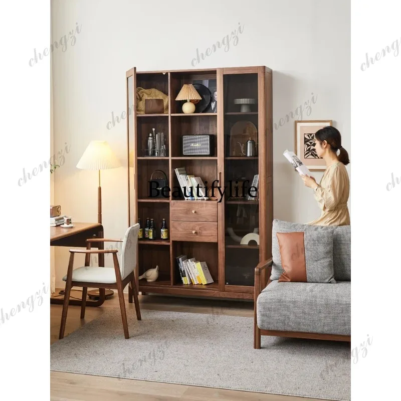 ZZZ Solid wood bookcase Bookshelf Nordic black walnut storage, storage, floor-to-ceiling bookcase with glass door