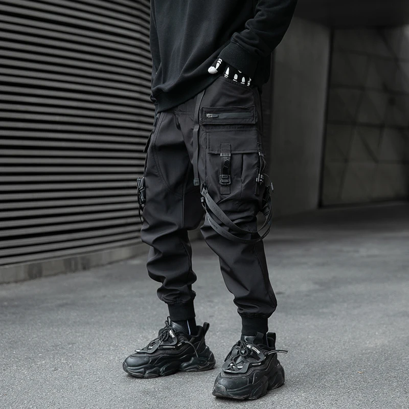 Unisex Tactical Cargo Pants Ribbons Joggers Trousers Spring Functional Elastic Waist Streetwear Pant Harajuku Men\'s Clothing