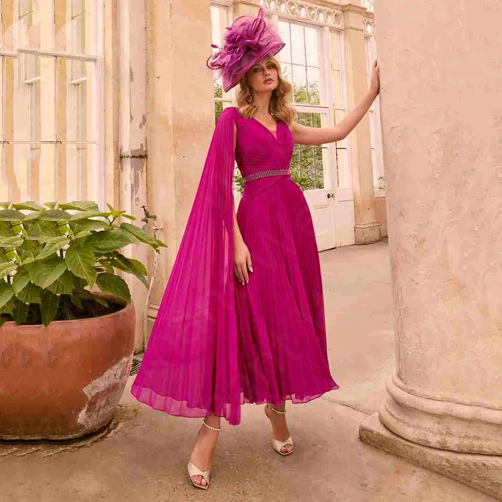 

Classic Fuchsia Mother of the Bride Dresses Ankle Length Mother Gowns 2024 with Cape Sleeve Wedding Party Dresses Chiffon V Neck