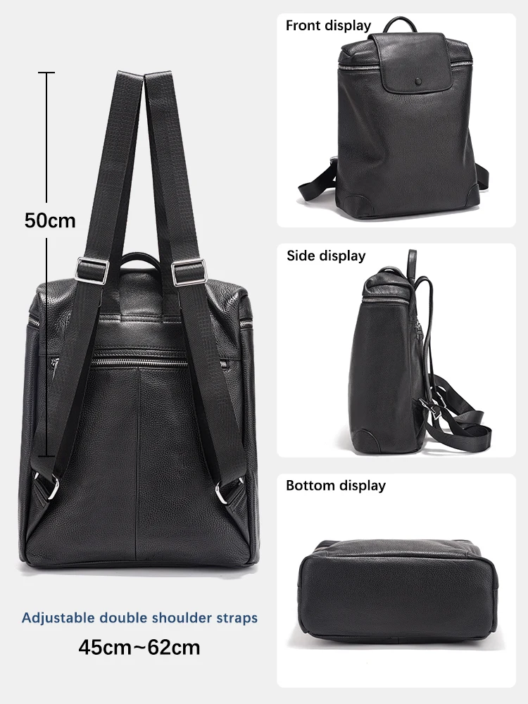 Zency 2025 Genuine Leather Black Backpack Multi-pocket Design Knapsack Flap Bag for Summer Winter Large Capacity For A4 Ipad