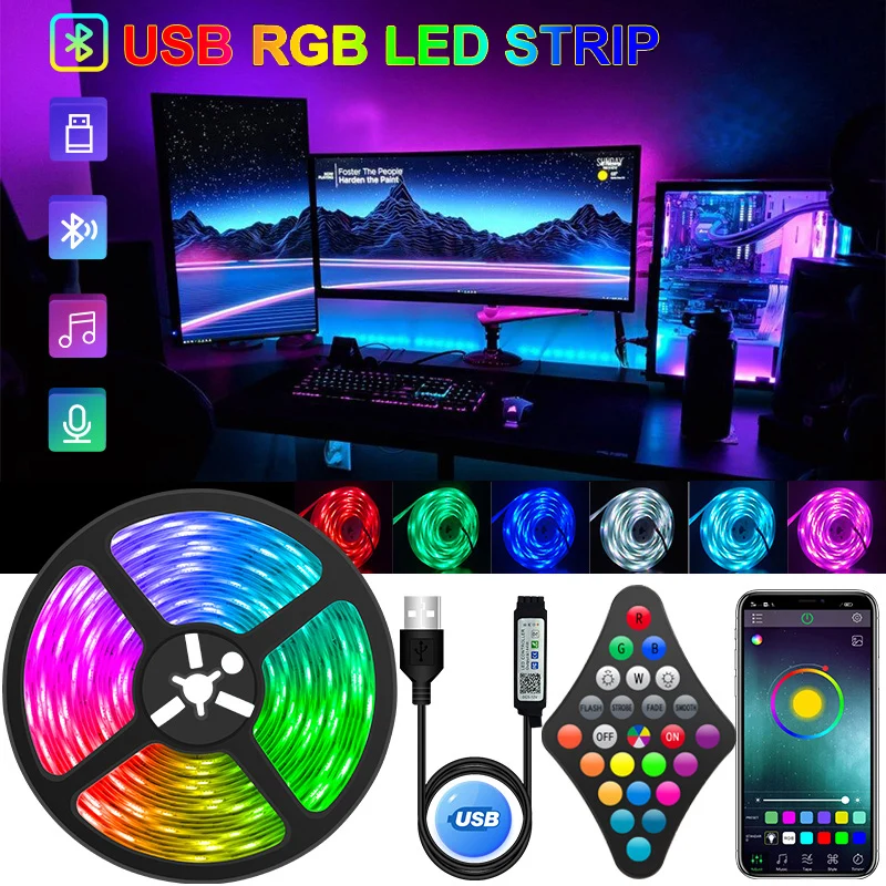 Tira de luces LED USB 5050 2835 RGB, Control por aplicación, cambio de Color, 24 teclas, modo remoto, decoración de habitación, Bluetooth, TV