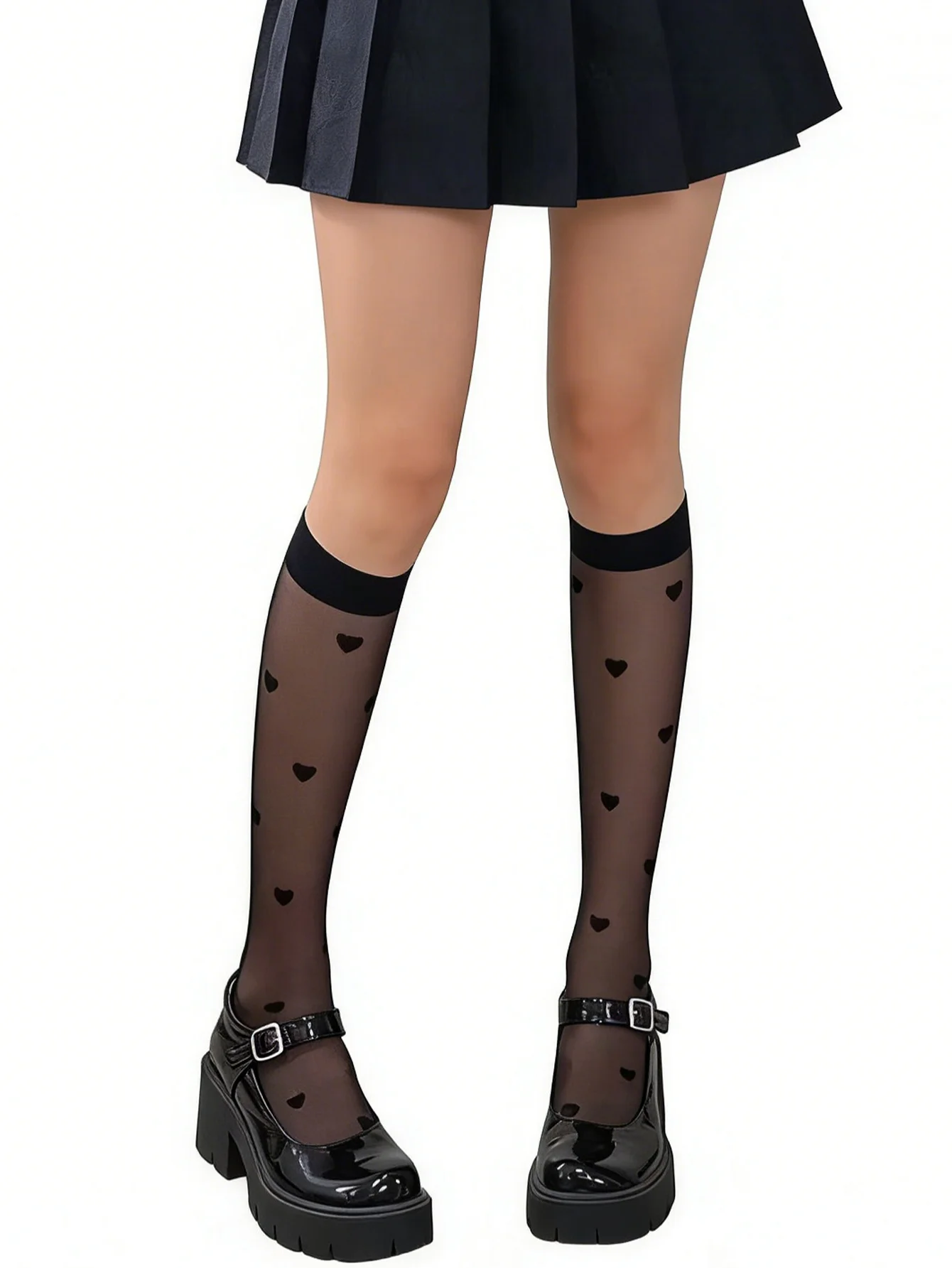 

1 пара носков до середины икры с узором в виде сердца, высокоэластичные, нескользящие, дышащие, для похудения, подходят для униформы JK, одинаковые мини-юбки, кампуса