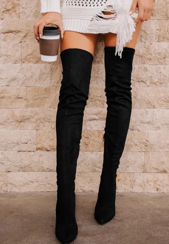 Big Size 34-46 Zwart Suède Dames Dij Hoge Laars Sexy Hoge Hakken Puntschoen Over De Knie Laarzen