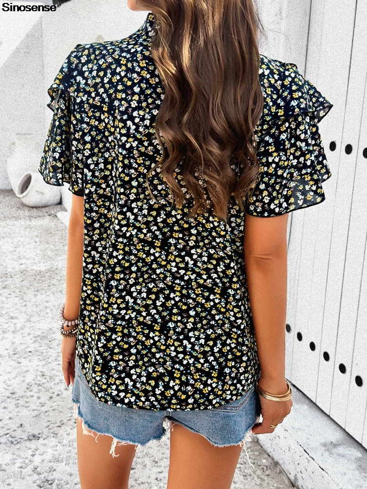 Dames chiffon blouses met korte mouwen, V-hals, ruches, bloemenprint, zakelijk werk, kantooroverhemden, chic, casual straatdatum, zomertops