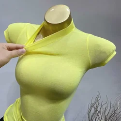 Camisetas ajustadas de Base Sexy para mujer, Top de cuello simulado, Top elástico alto, tetas grandes, manga corta, camisetas transparentes finas sólidas, venta al por mayor, otoño