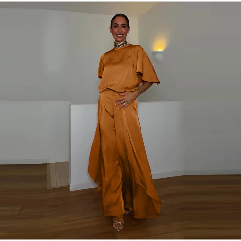 O-Ausschnitt Kurzarm Plissee-Oberteil Hosen-Sets Damen Streetwear Einfarbige Lose Blusen-Oberteile Unregelmäßige Weite Hosen Schicke Damen-Outfits – Detail 11