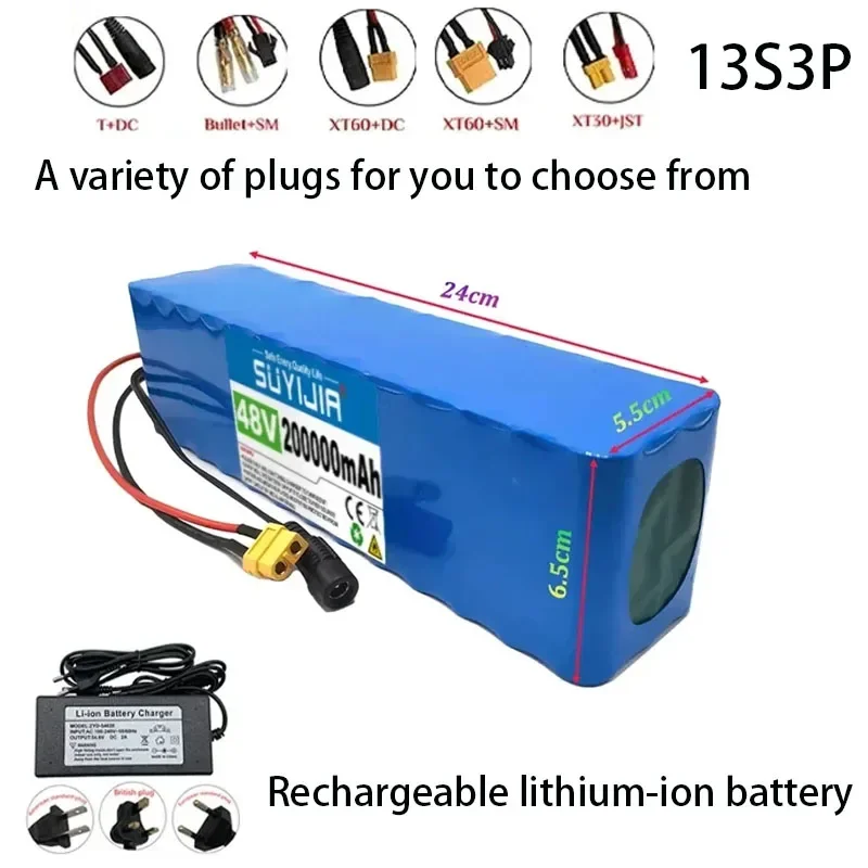 High Capacity 48V 200Ah 20000W 18650 13S3P Li-ion Battery Pack for Electric Bicycles and Scooters with BMS+54.6V Charger