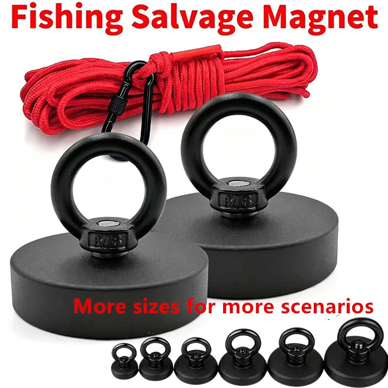 D16-D42mm Heavy Duty Neodymium Black Rust Proof Fishing Hook Super Strong Magnetic Magnets with Countersunk Hole Eyebolt Salvage