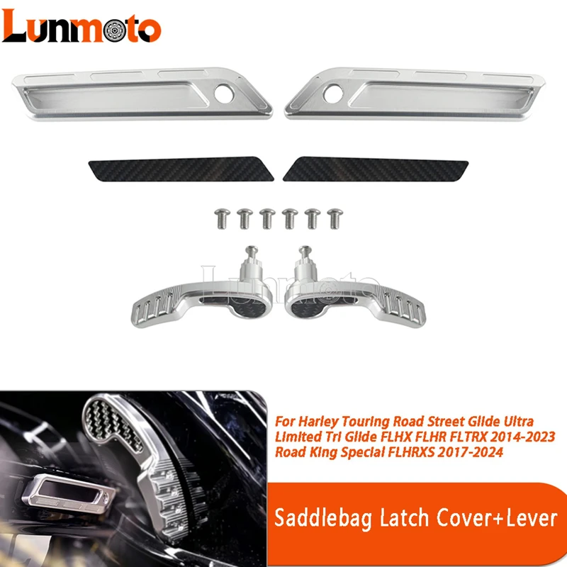 Motorcycle Carbon Fiber Saddlebag Lid Lifters Levers Latch Covers With Reflector For Harley Touring Road Street Glide 2014-2024