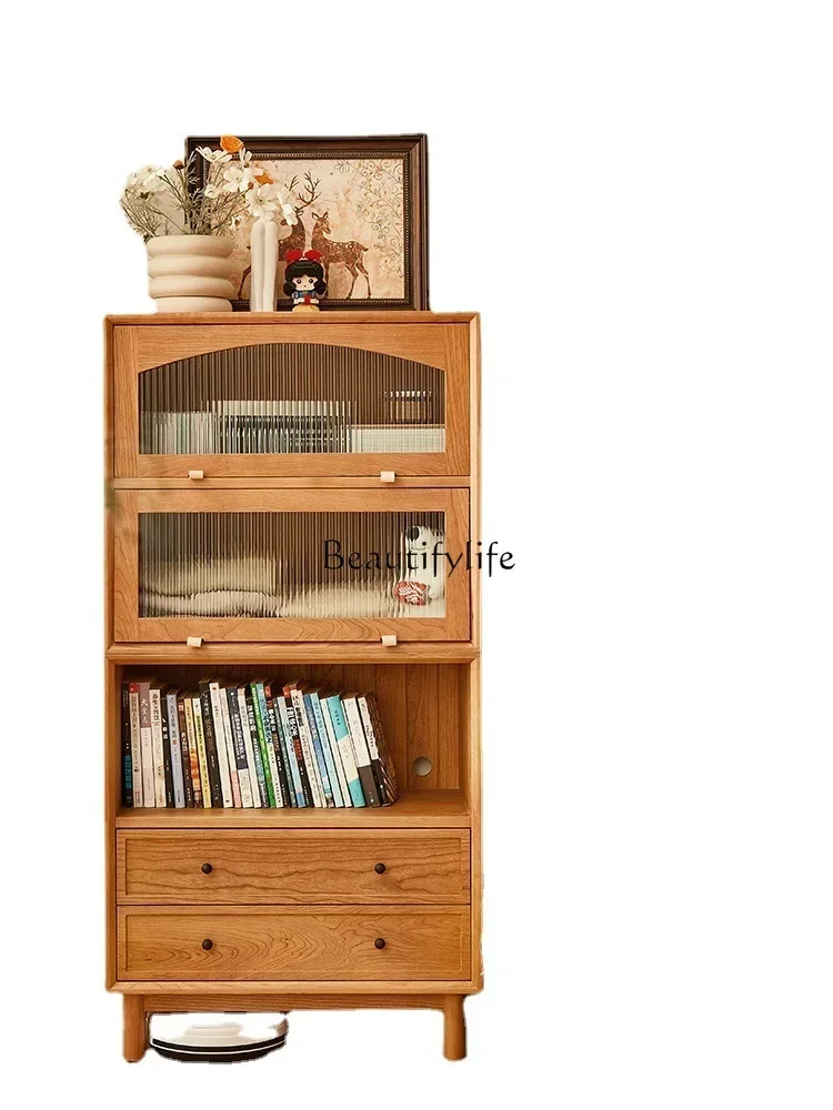 

ls 04Full solid wood short bookcase cherry wood Japanese glass door building block combination lattice cabinet